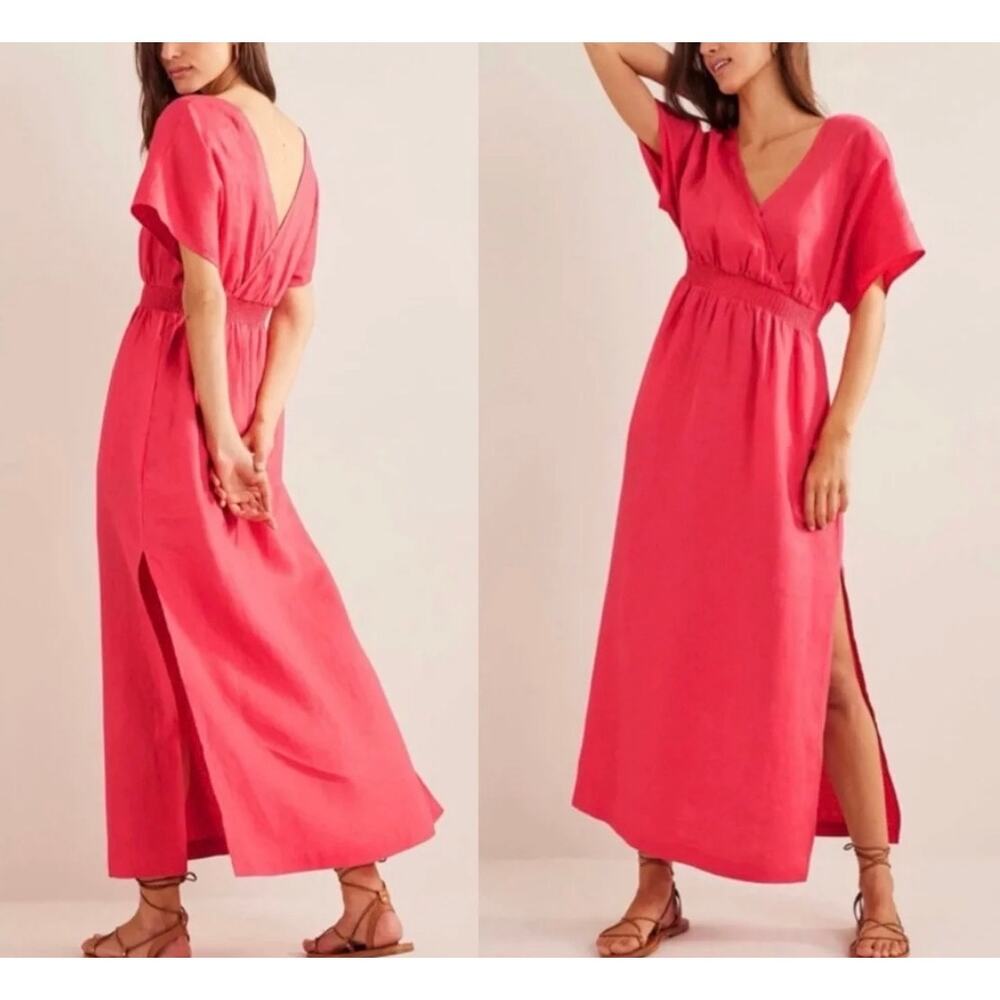 Boden Coral Sunset Linen Kaftan Maxi Dress Pink Smocked Waist Boho XS